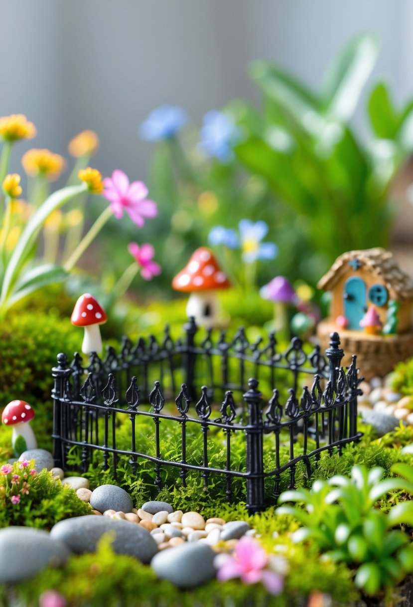 A miniature garden scene with small wrought iron fences surrounding tiny plants and fairy garden decorations.