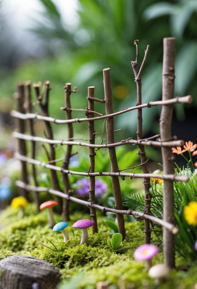 A small rustic twig fence surrounded by green moss, tiny flowers, and miniature garden decorations.