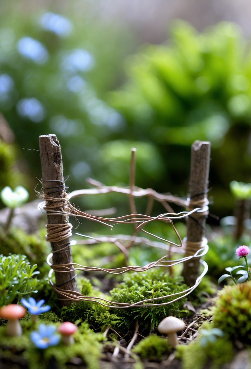A small rustic wire and twine fence surrounding a miniature fairy garden with moss, tiny flowers, and miniature plants.
