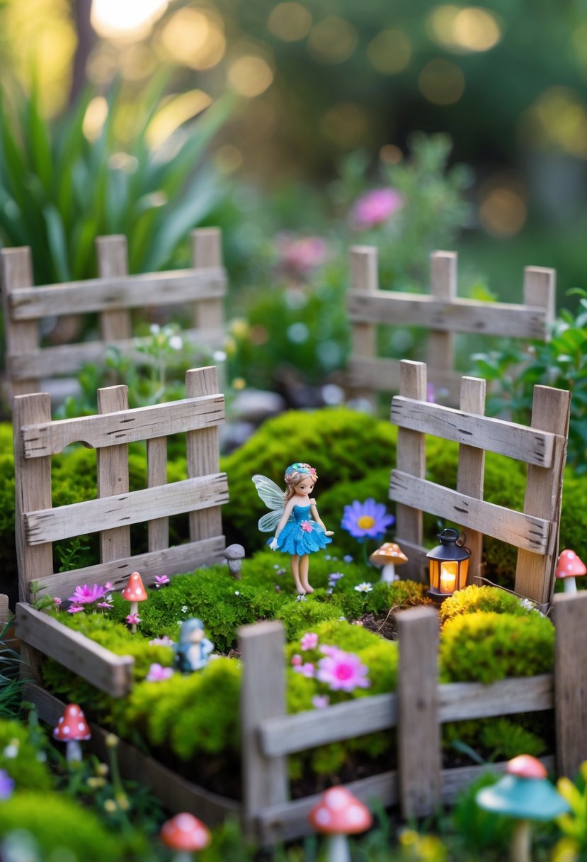 A small wooden pallet fence surrounding a miniature garden with moss, flowers, and tiny fairy decorations.
