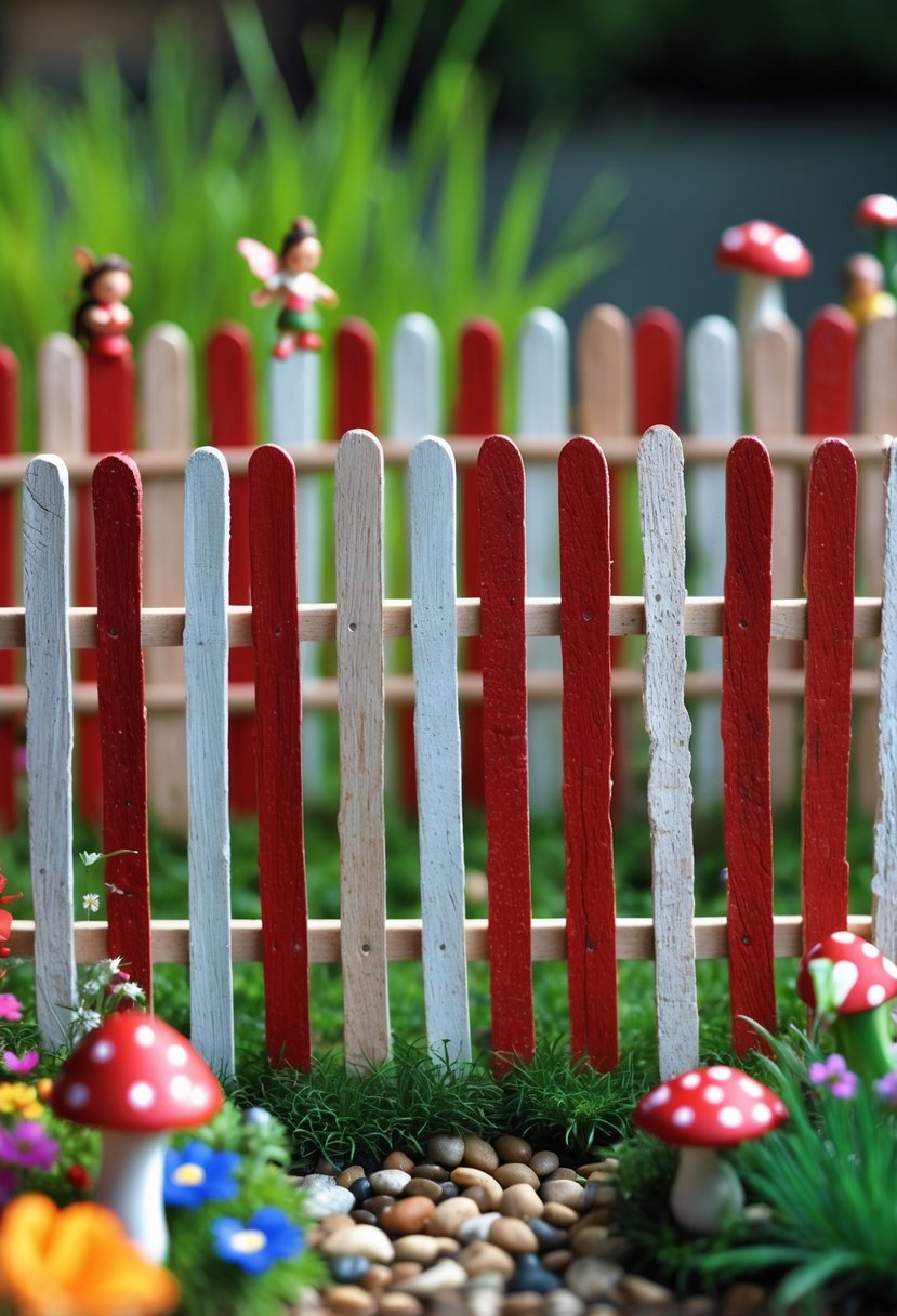 A small wooden fence painted with red and white stripes surrounding a miniature garden with grass, flowers, and tiny decorative elements.