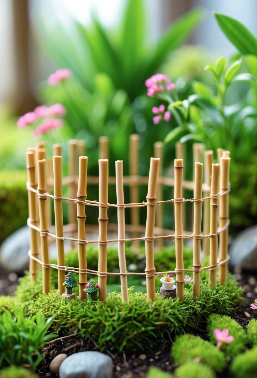 A miniature bamboo fence enclosing a small garden with moss, tiny plants, and miniature decorations.