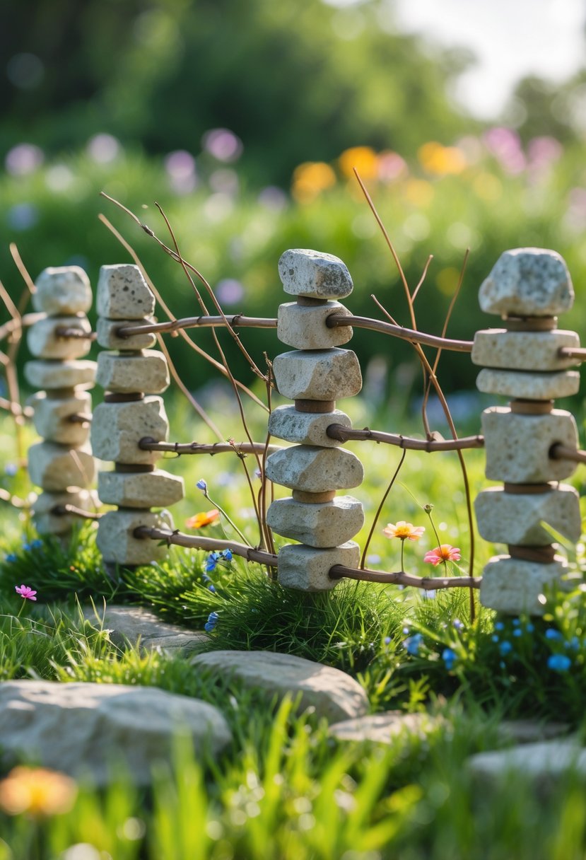 A stone pillar fence with twigs woven between the pillars in a garden surrounded by grass and flowers.