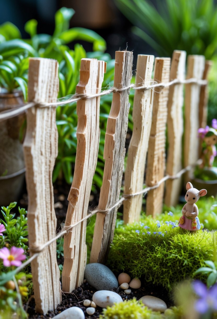 A small handmade wooden fence made from splintered tongue depressors surrounds a miniature garden with moss, flowers, and tiny decorations.