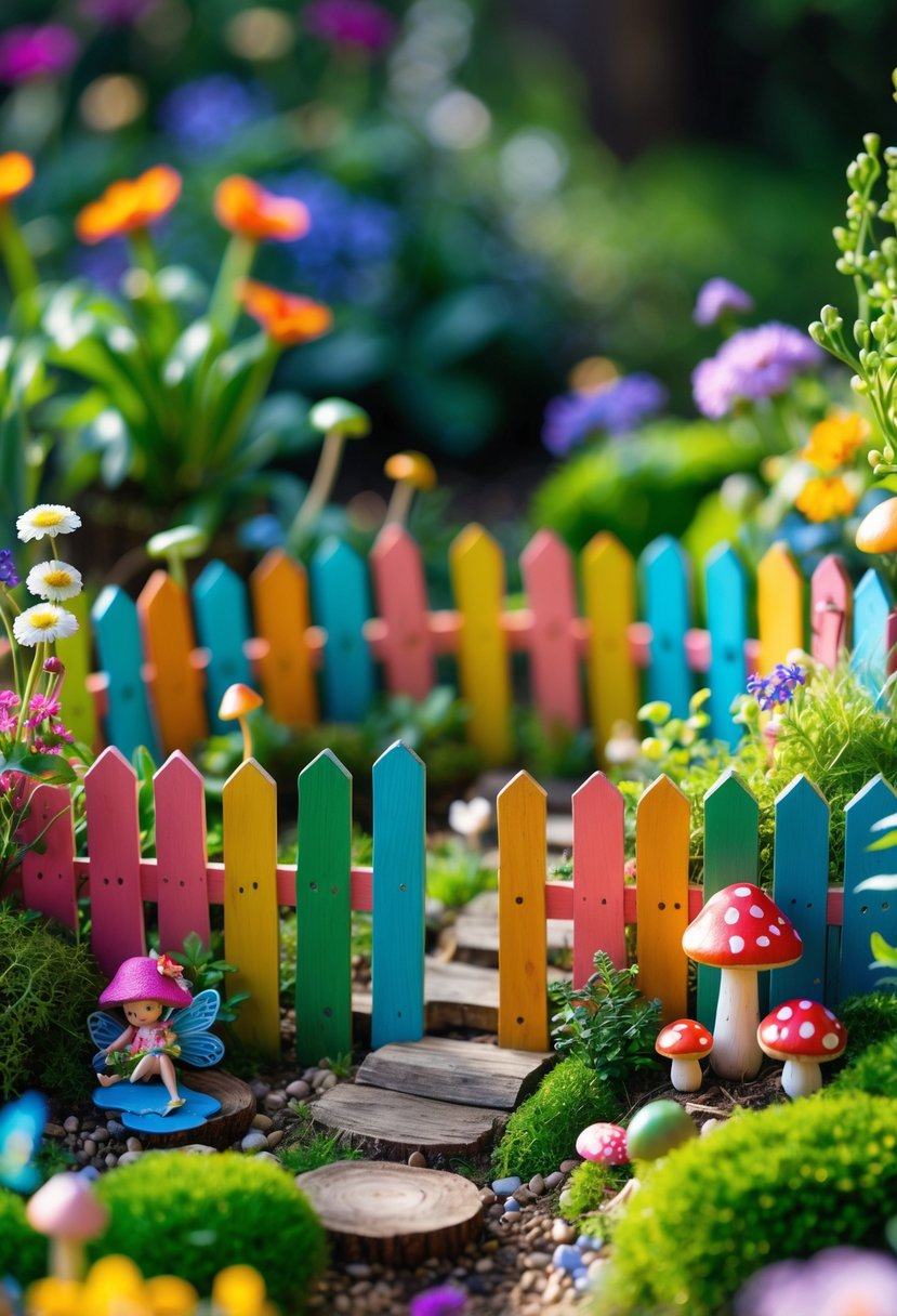 A small colorful wooden fence surrounding a miniature garden with flowers, moss, and tiny fairy figurines.