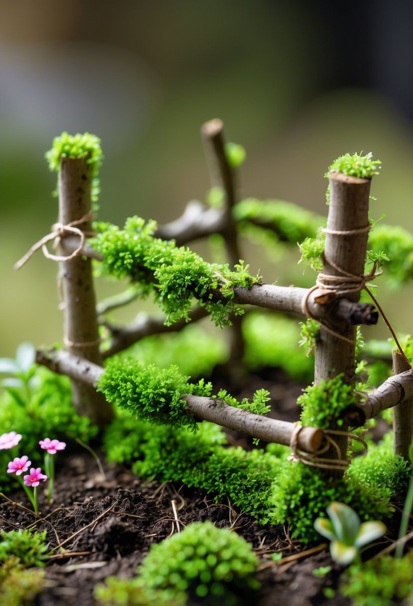 A tiny branch fence covered in green moss in a miniature garden setting with small plants and soil.