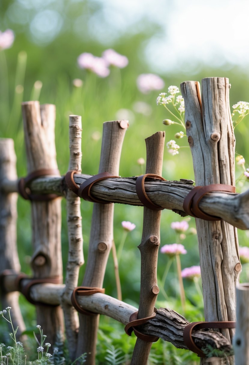 A rustic fence made of wooden branches tied together with leather strips surrounded by green plants and flowers.