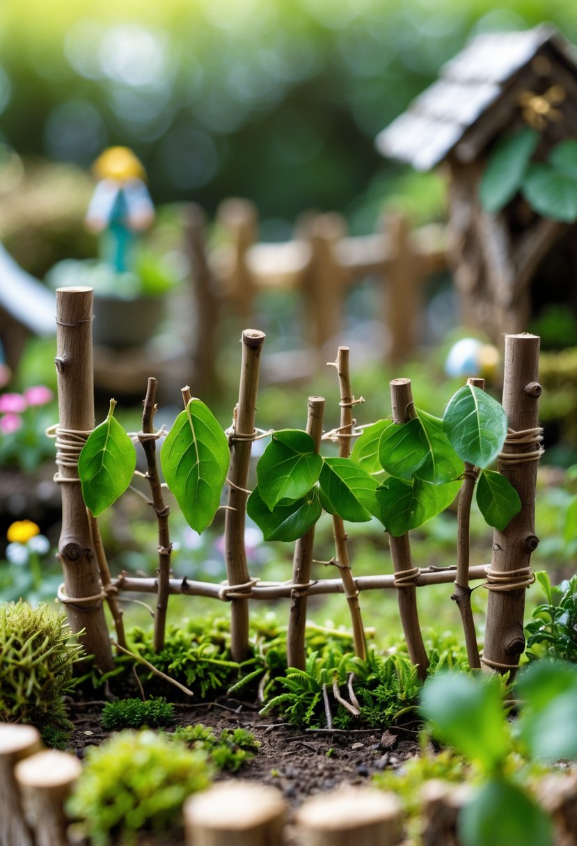 A small twig fence wrapped with green leaves surrounding a miniature garden with moss and tiny flowers.