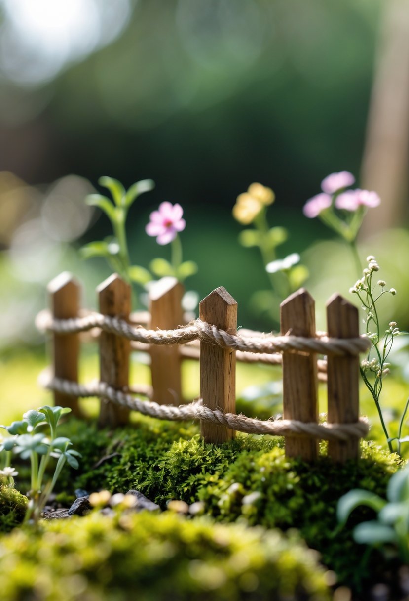 A miniature rope fence with wooden posts surrounding a small garden area with moss and tiny plants.
