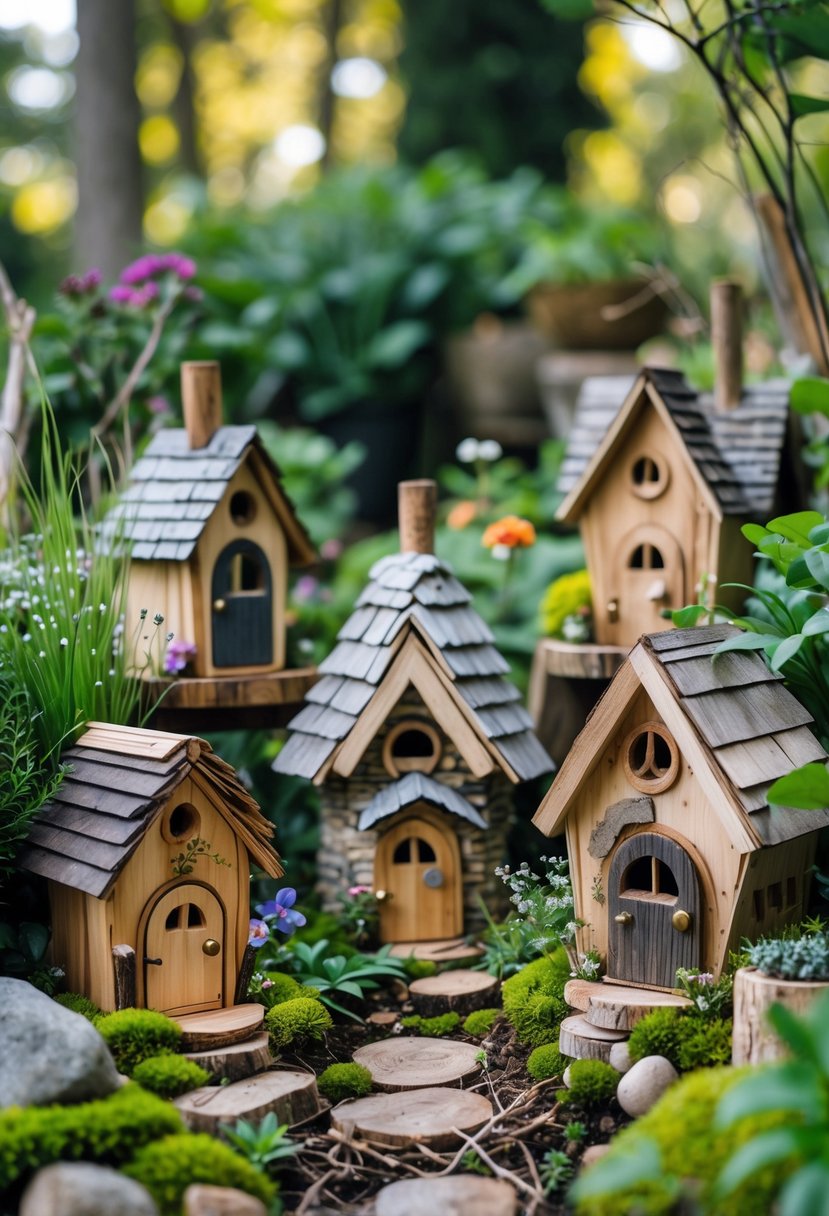 A group of small wooden fairy houses placed among plants and flowers in an outdoor garden.