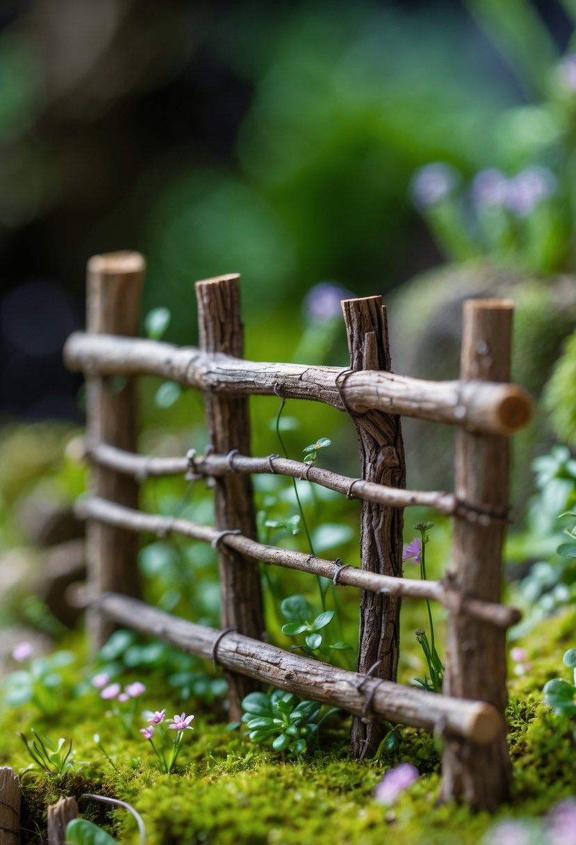 A tiny wooden twig fence in a miniature garden with moss and small plants around it.