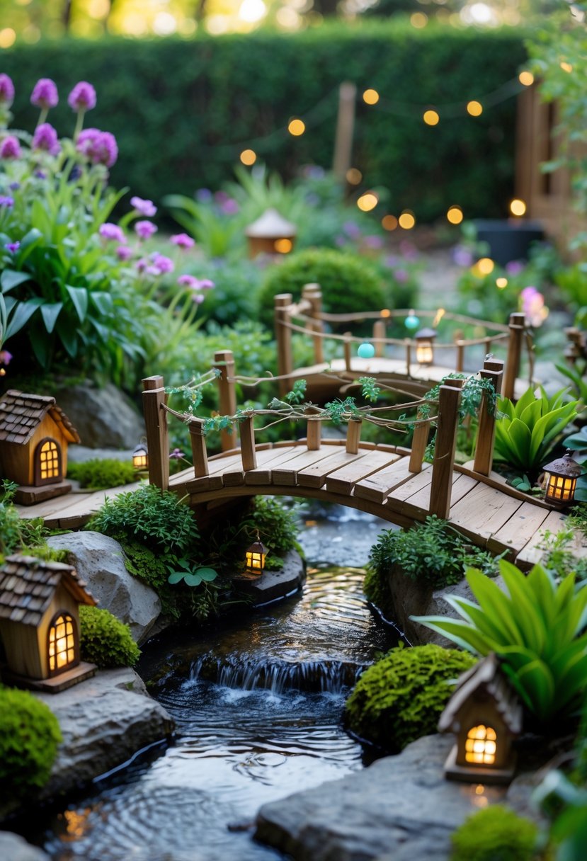 A large outdoor fairy garden with decorative wooden bridges over small flowing streams surrounded by plants, flowers, and miniature fairy houses.