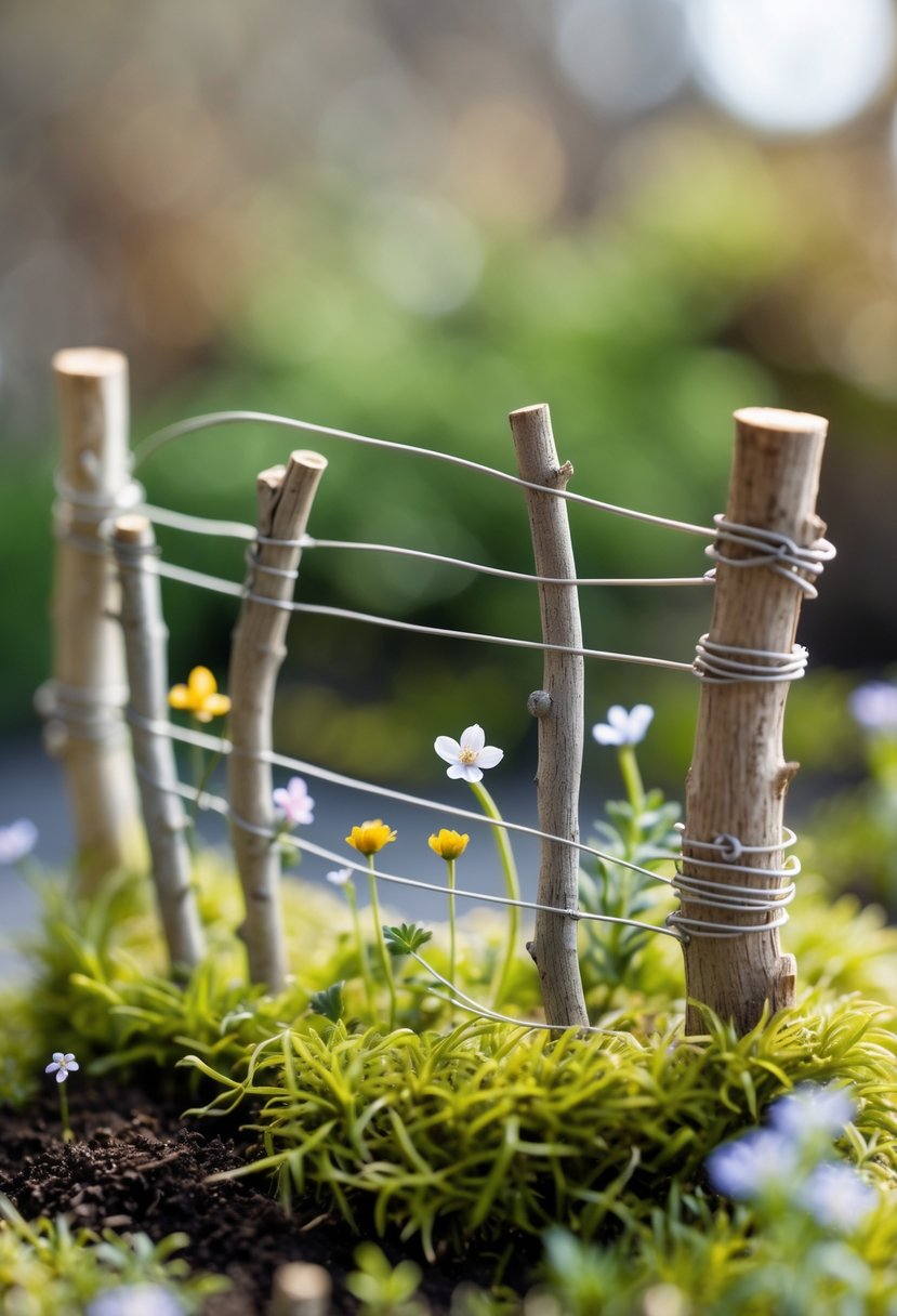 A small rustic twig fence made of thin twigs tied with wire, surrounded by moss, miniature plants, and tiny flowers in a miniature garden.