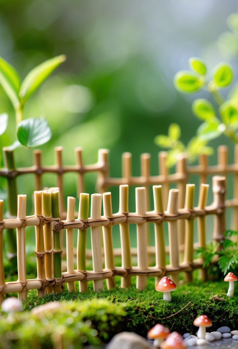 Mini bamboo fence pieces arranged among moss and small plants in a tiny garden setting.