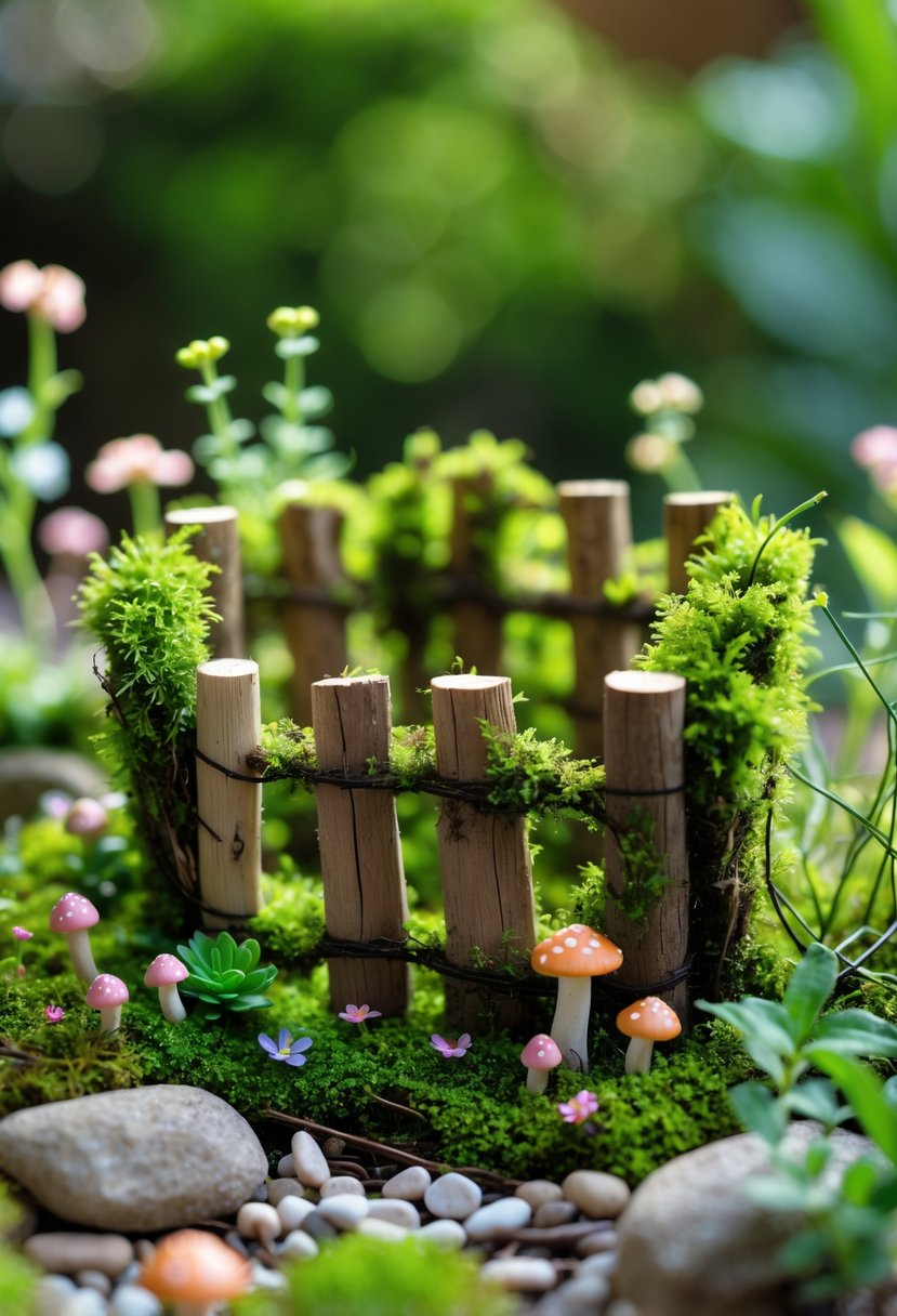 A small moss-covered log fence surrounding a miniature fairy garden with tiny plants and flowers.