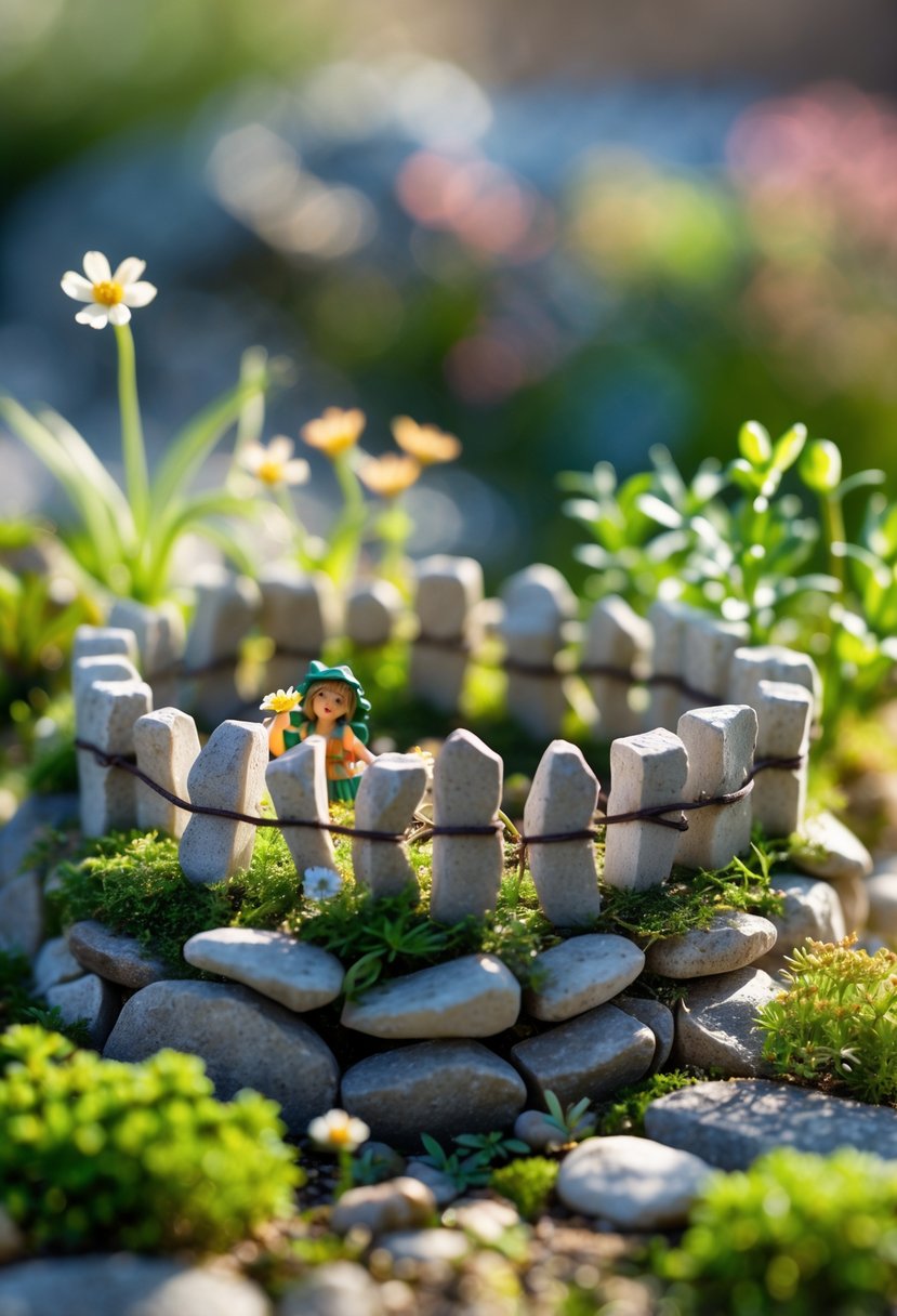 A miniature stone fence surrounding a small fairy garden with tiny plants and flowers.