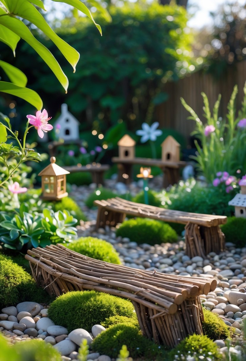 A large outdoor fairy garden with miniature benches made from twigs surrounded by plants and flowers.