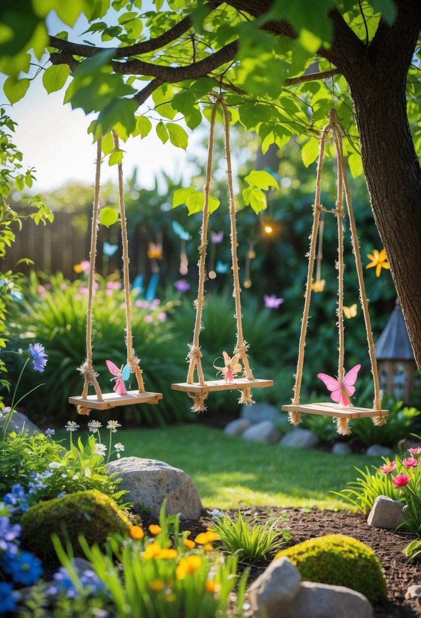 A large outdoor fairy garden with handmade fairy swings hanging from tree branches surrounded by green plants and flowers.