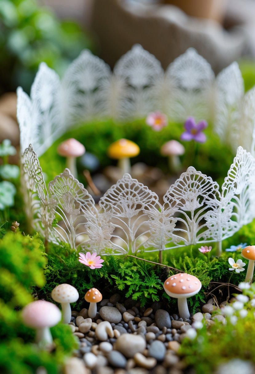 A tiny fairy garden surrounded by a delicate lace-patterned paper fence with small plants and miniature decorations.