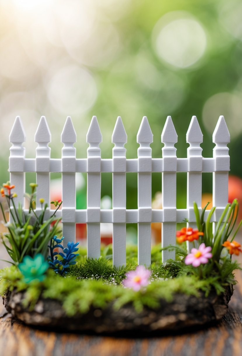 A tiny white vinyl picket fence surrounding a miniature garden with moss and small flowers.