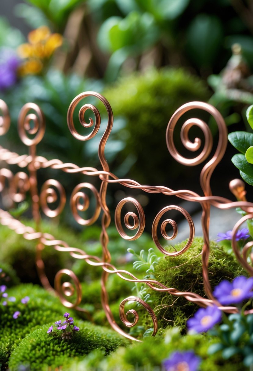 Close-up of a copper wire fence with spiraled curls surrounding a tiny fairy garden with moss and small flowers.