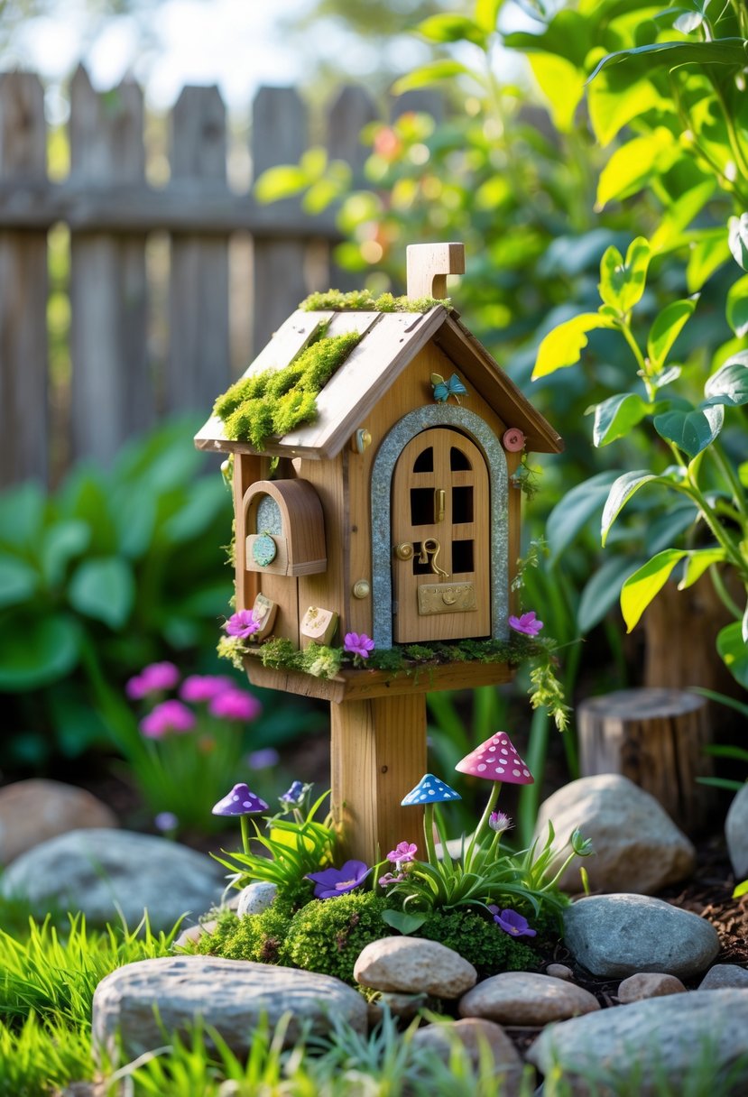 A small handcrafted fairy mailbox made from wooden boxes surrounded by plants and flowers in a garden.