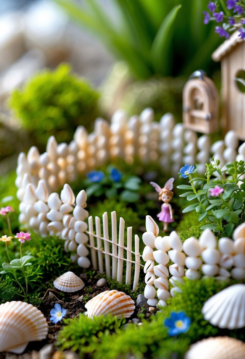 A tiny fairy garden with a fence made of seashells surrounding small plants and miniature fairy decorations.