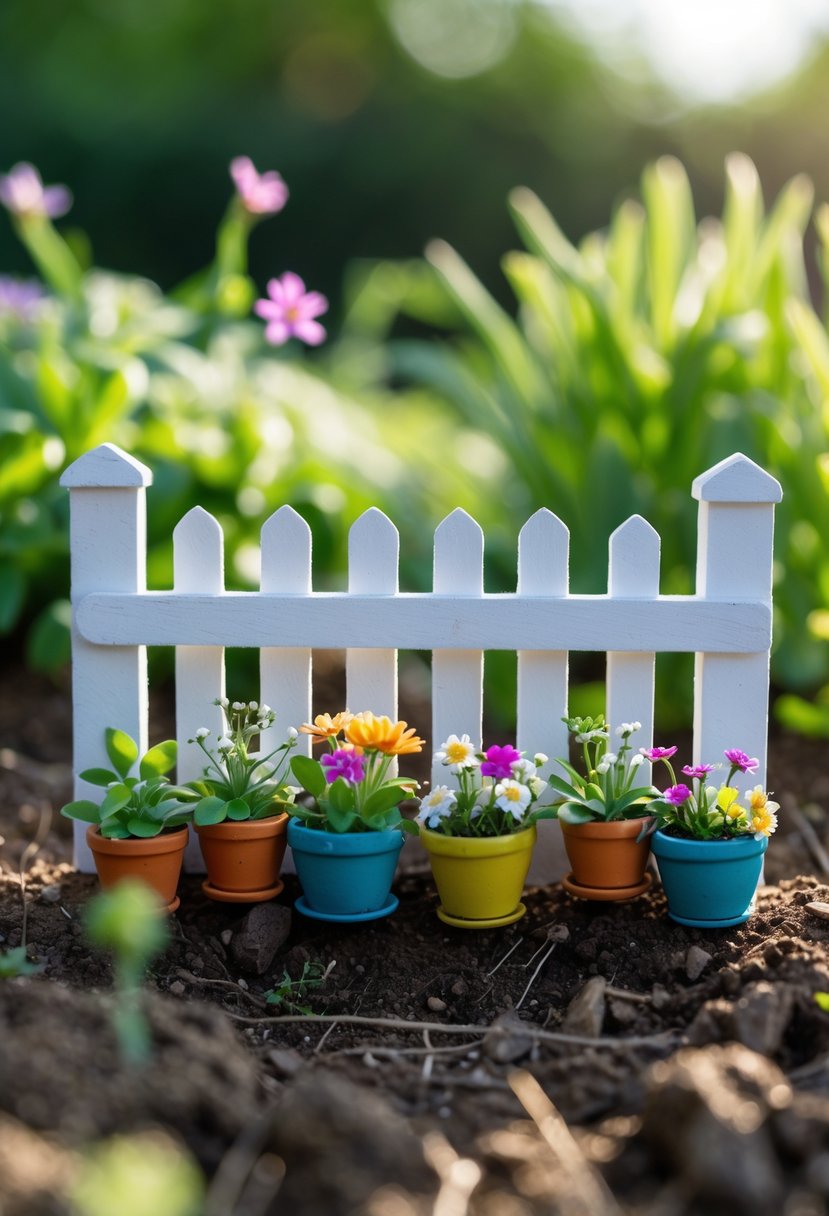 Miniature white picket fence with attached small flower pots containing colorful flowers in a tiny fairy garden setting outdoors.