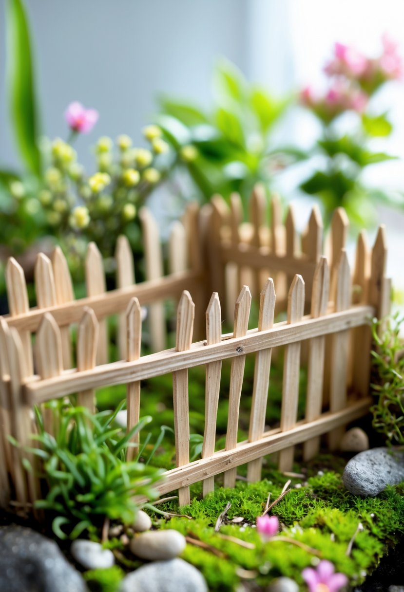 Miniature picket fence made from glued toothpicks in a small fairy garden with tiny plants and decorations.