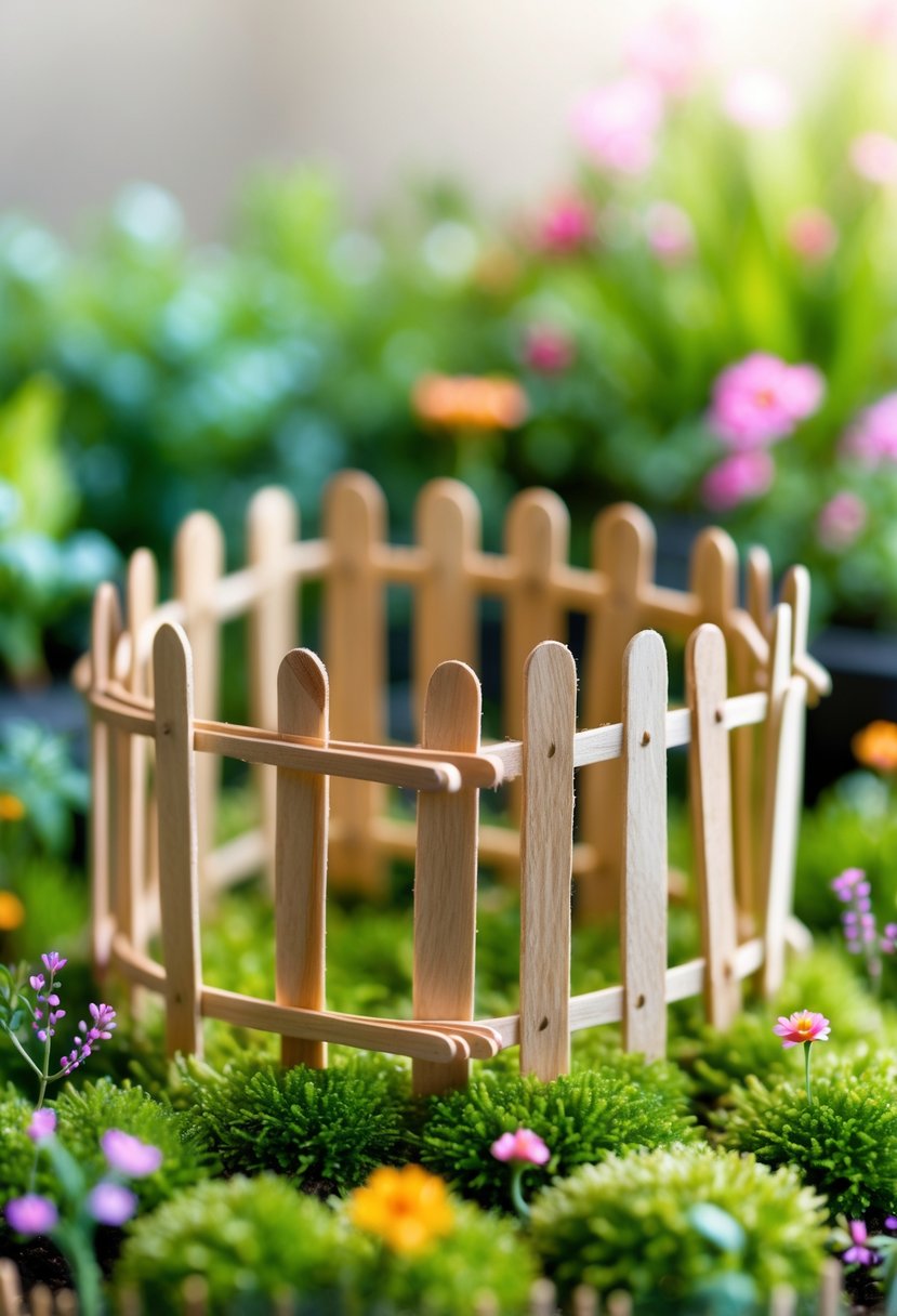 A small lattice fence made of wooden popsicle sticks surrounded by moss and tiny flowers in a miniature garden setting.
