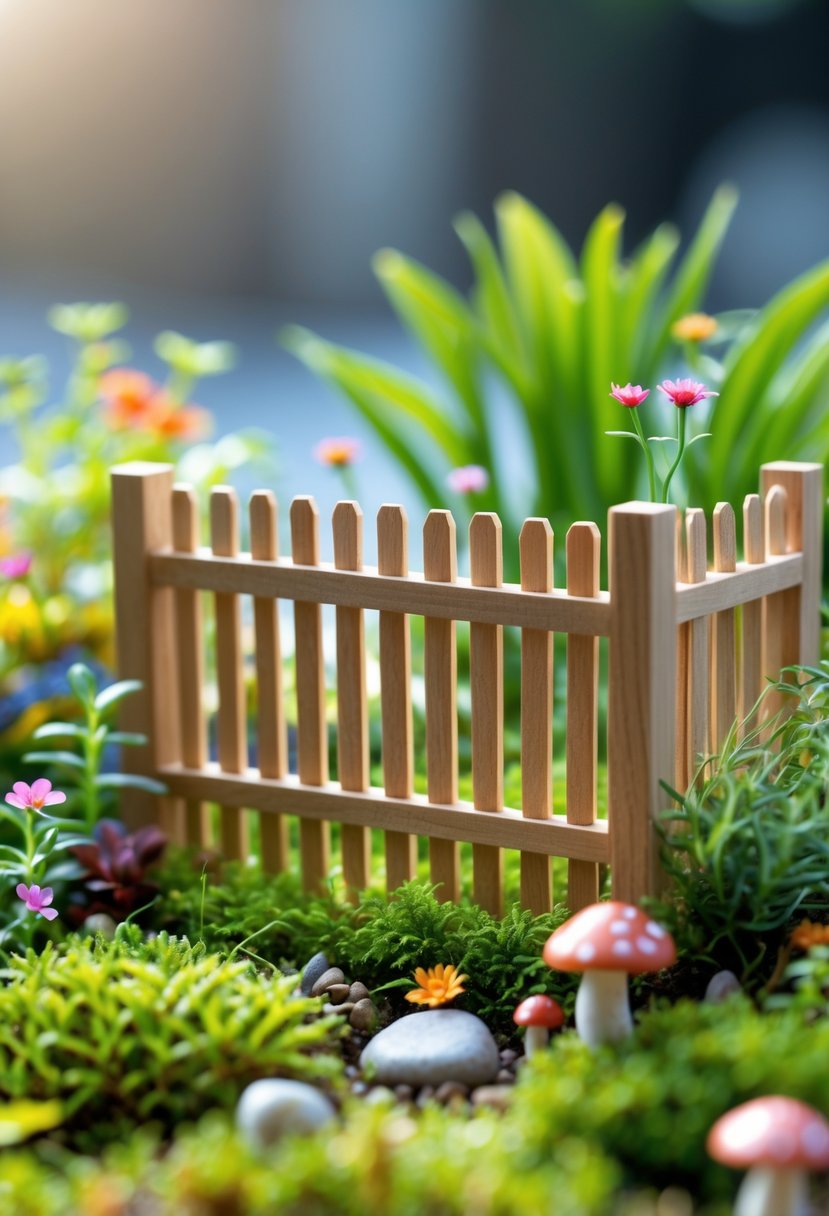 Miniature wooden slat fence enclosing a tiny fairy garden with moss, small plants, and miniature decorations.