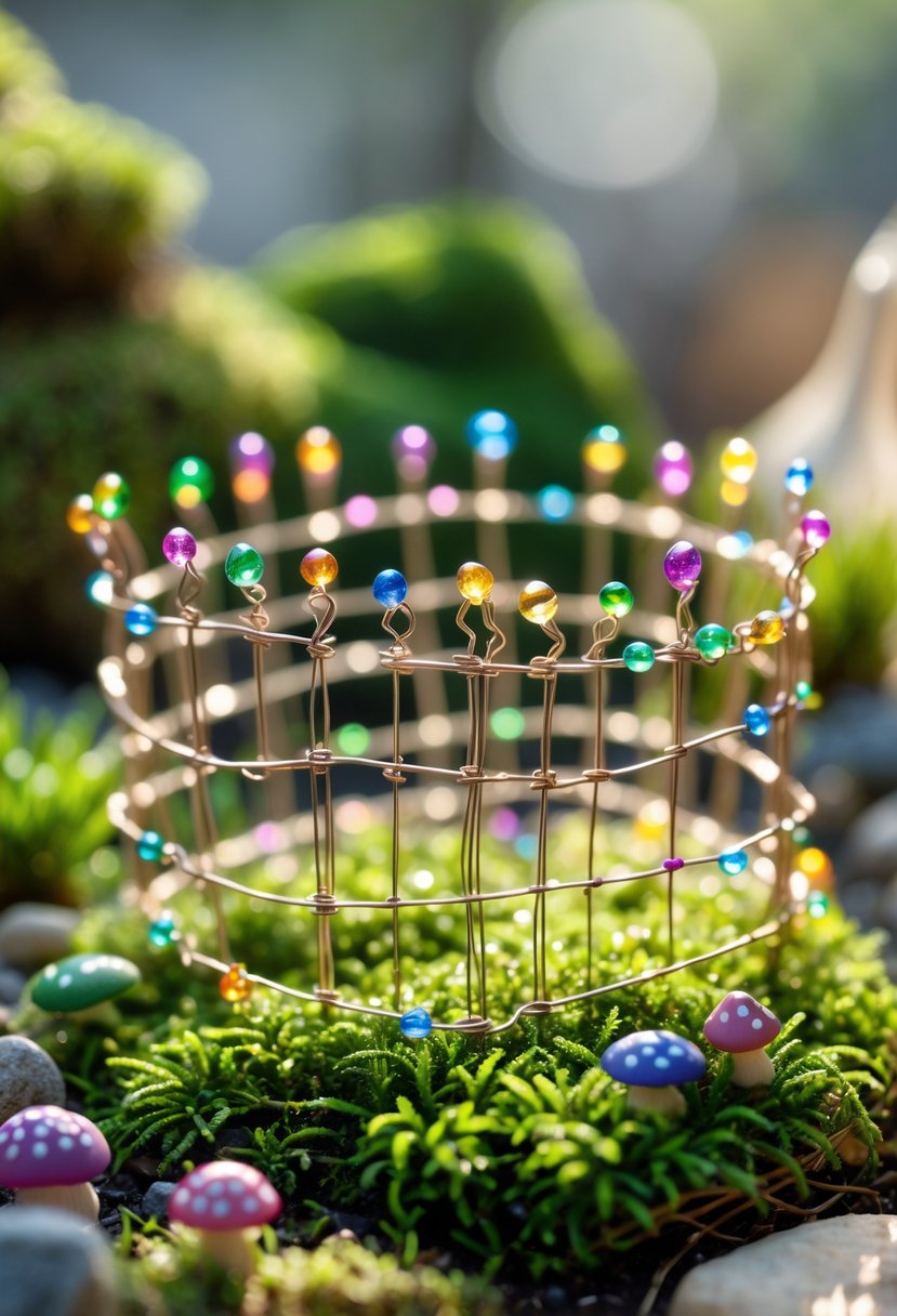 A miniature fairy garden with a tiny fence made of paperclips wired together and decorated with small colorful beads, surrounded by moss and miniature plants.
