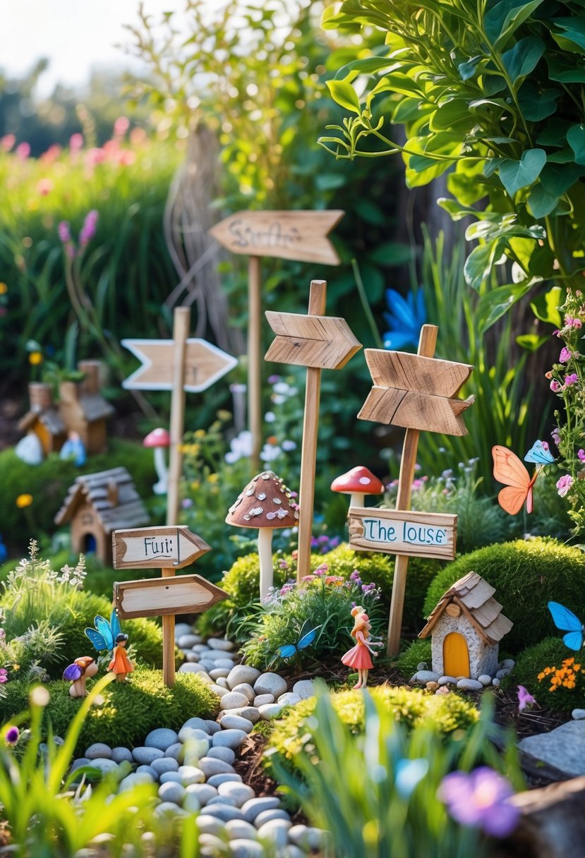 An outdoor fairy garden with whimsical wooden signs, miniature fairy houses, colorful flowers, and greenery.