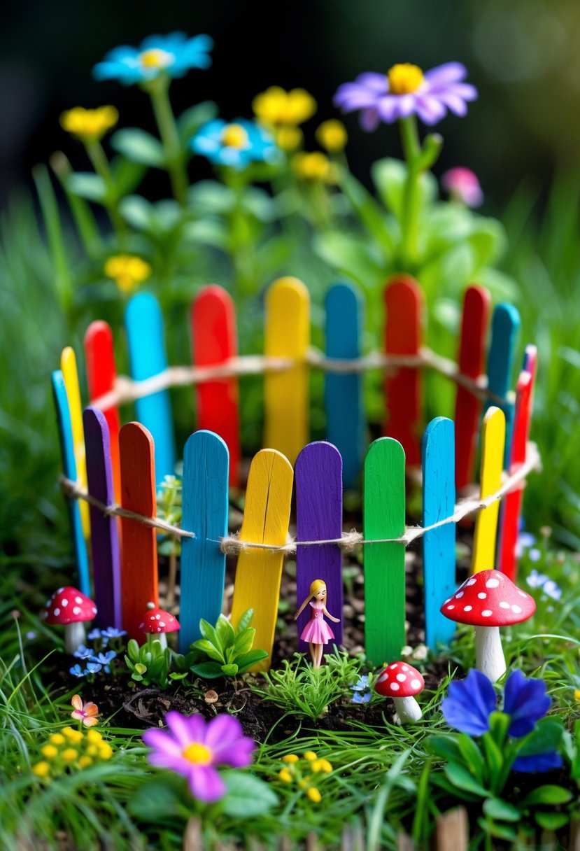 A small colorful popsicle stick fence surrounding a tiny fairy garden with miniature plants and decorative elements on green grass.