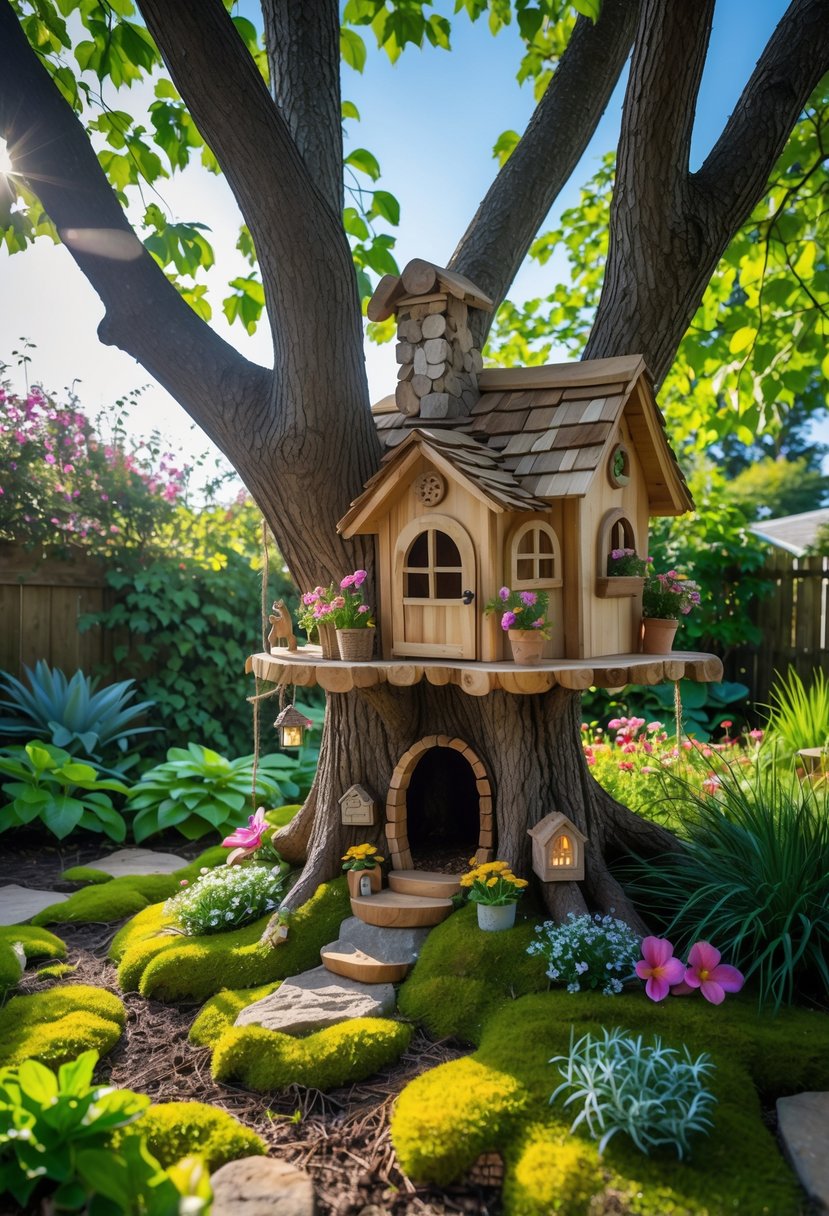 A large fairy treehouse built in a real tree surrounded by green leaves and colorful flowers in a garden.
