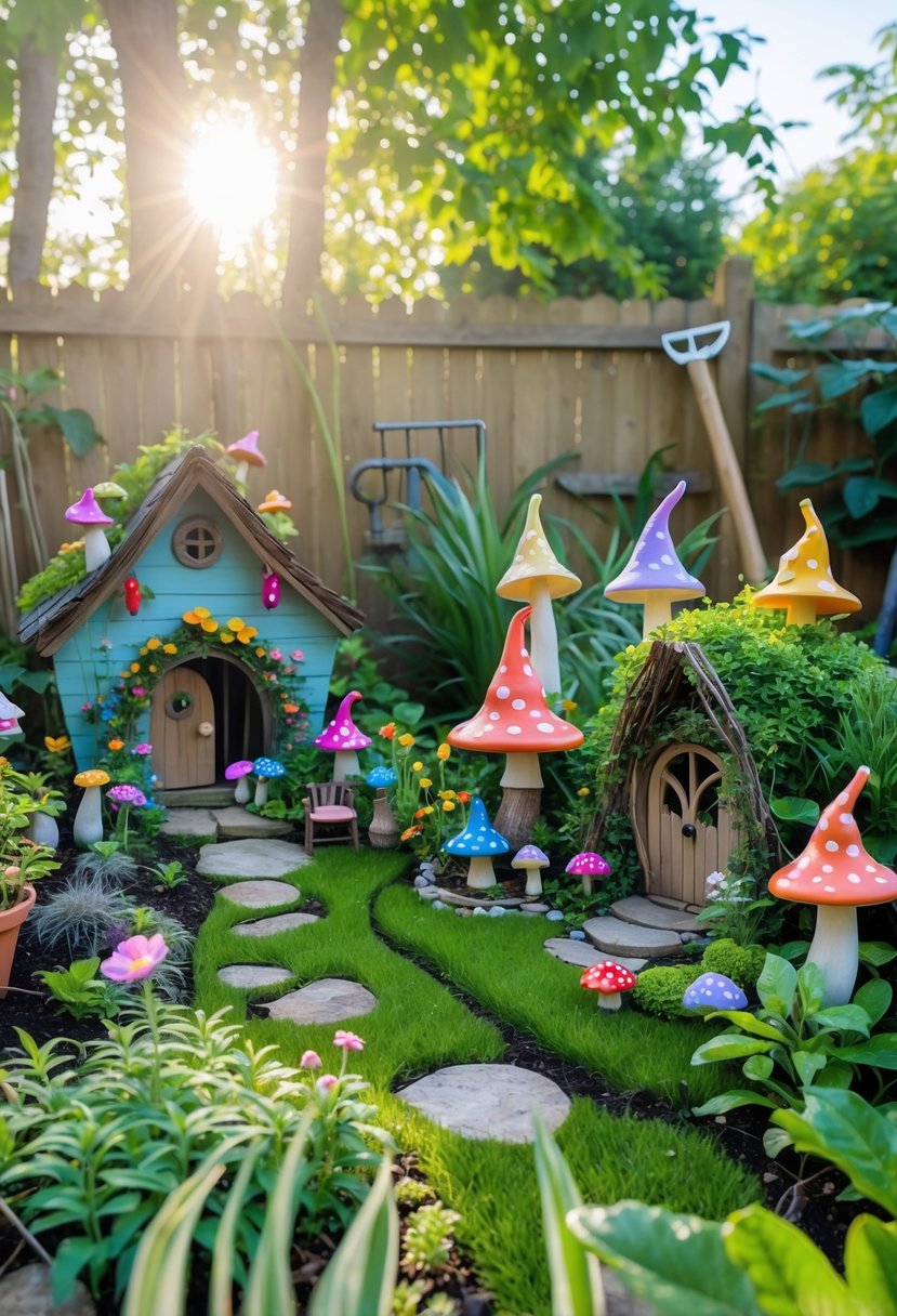 A large outdoor fairy garden decorated with tiny colorful fairy hats placed on plants, mushrooms, and miniature furniture surrounded by greenery.