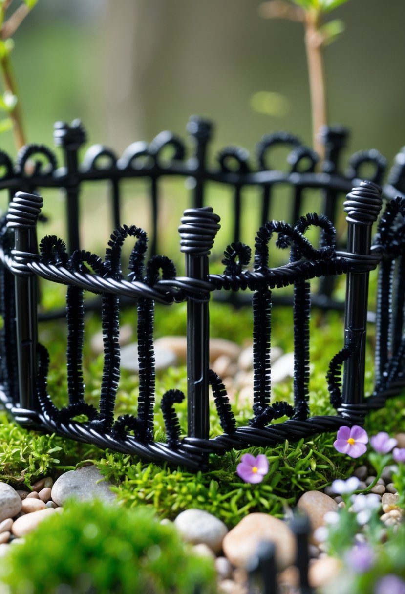 Close-up of a miniature black pipe cleaner fence surrounding a small fairy garden with moss, flowers, and tiny plants.