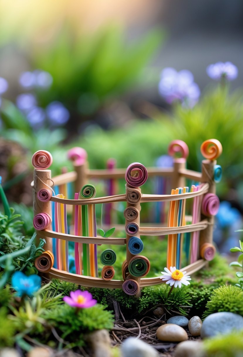 A small colorful fence made of curled paper strips surrounds a miniature garden with moss and tiny plants.