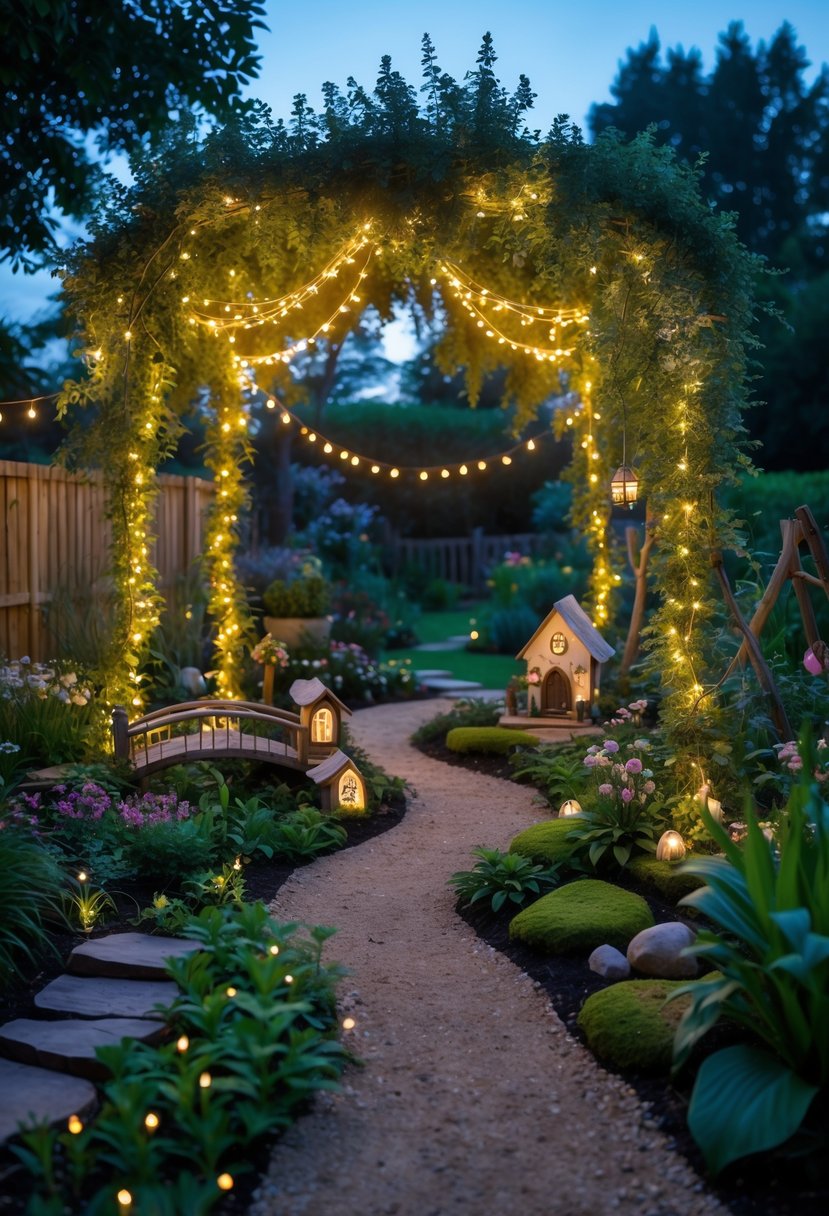 An outdoor fairy garden with twinkling fairy lights draped over plants and miniature garden decorations at twilight.