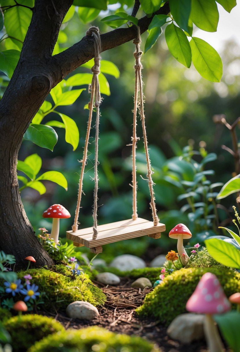 A tiny wooden swing hanging from a tree branch in a green outdoor garden with flowers and small decorative elements.