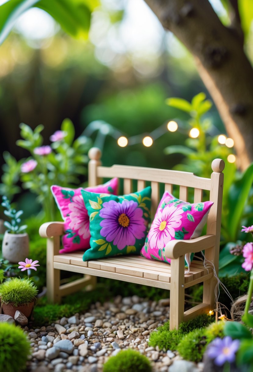 A miniature wooden garden bench with floral cushions surrounded by small plants and flowers in an outdoor garden setting.