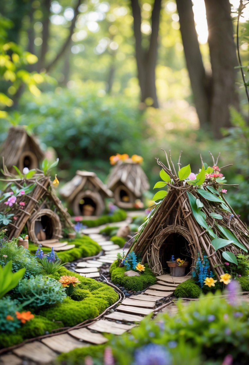 A large outdoor fairy garden with small huts made from twigs and leaves surrounded by greenery and flowers.