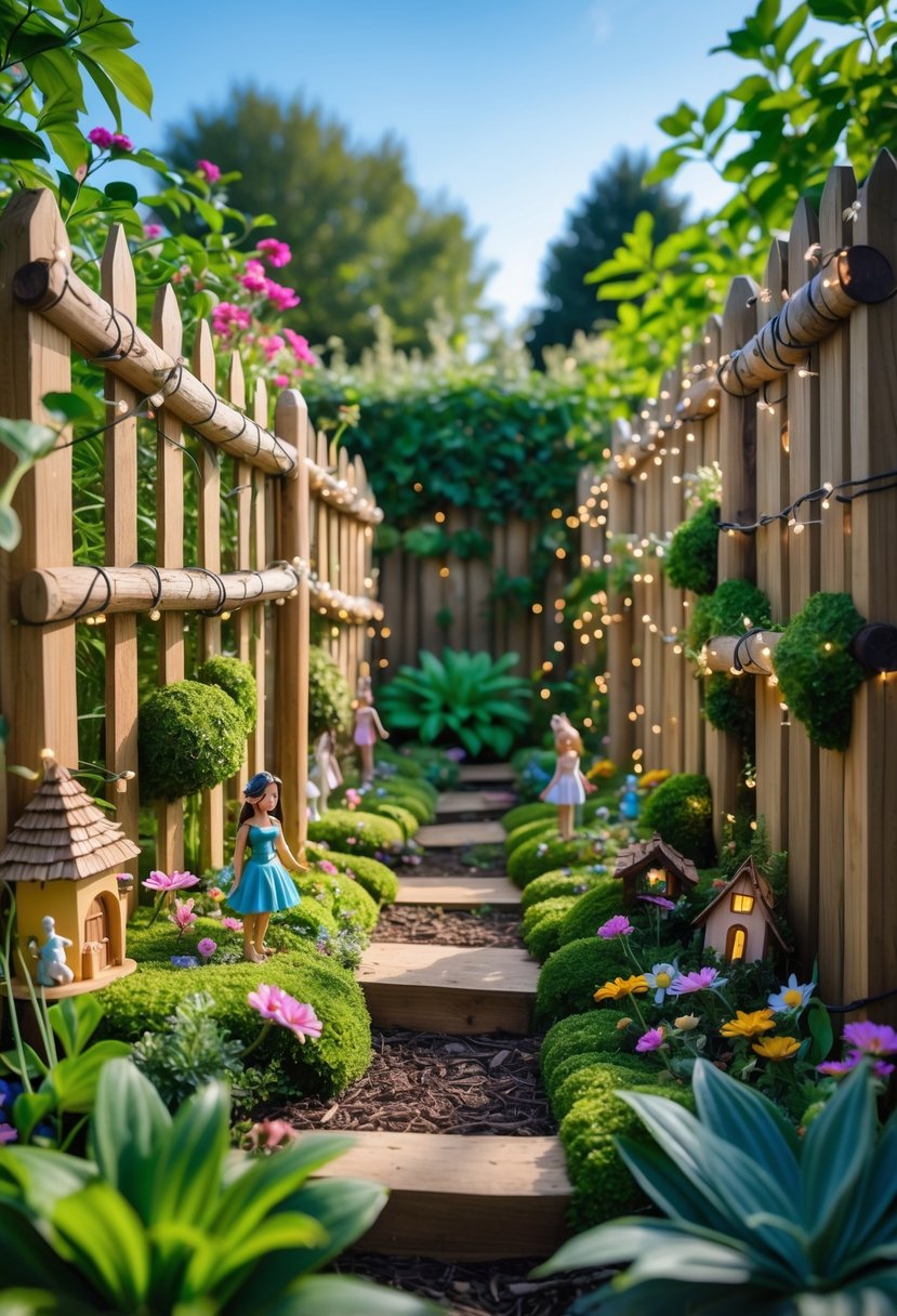 An outdoor fairy garden with large decorative fences surrounded by plants, flowers, and small fairy houses.