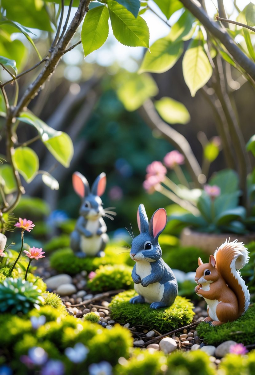 Miniature rabbit and squirrel figurines arranged in a colorful outdoor garden with moss, flowers, and natural elements.