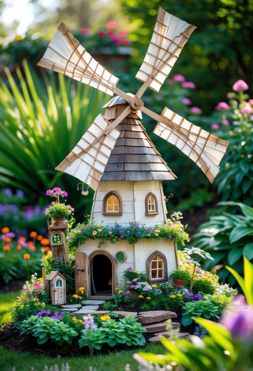 A large outdoor fairy garden with a detailed windmill with moving blades surrounded by flowers and greenery.