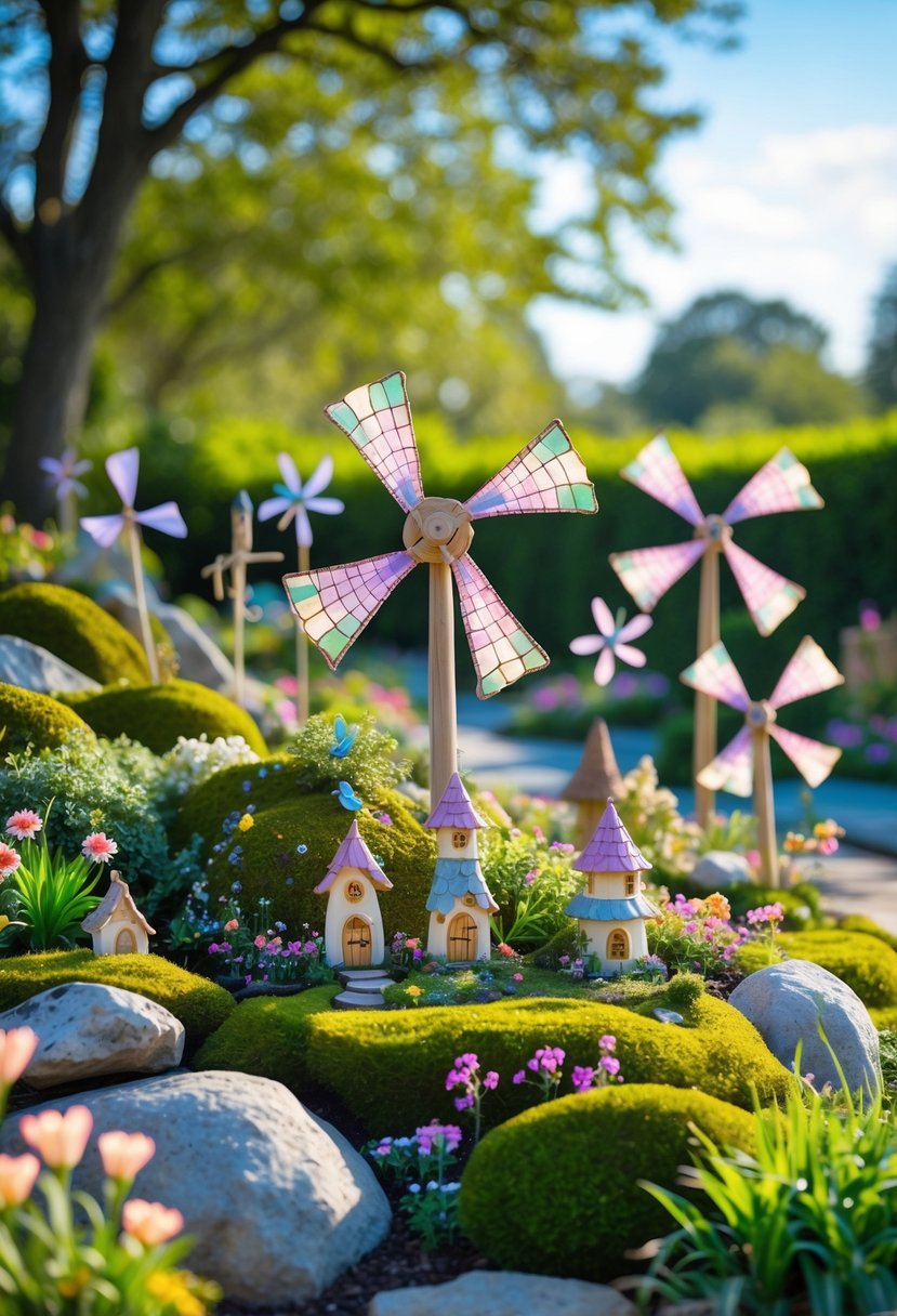 A large outdoor garden with small fairy windmills spinning among flowers, moss, and miniature fairy decorations.