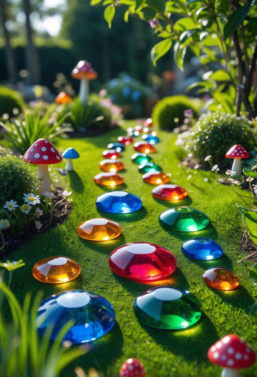 A garden path bordered with large colorful glass gems surrounded by grass, flowers, and small plants.