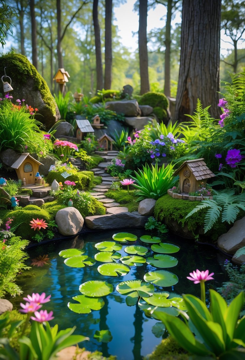 A tiny pond with floating lily pads surrounded by colorful flowers, moss, and small fairy garden decorations in an outdoor setting.