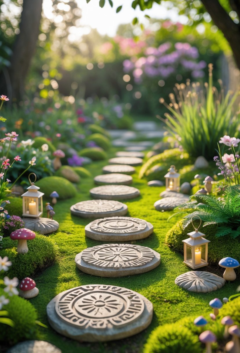 A lush garden path with miniature stepping stones surrounded by flowers, moss, and small fairy decorations.