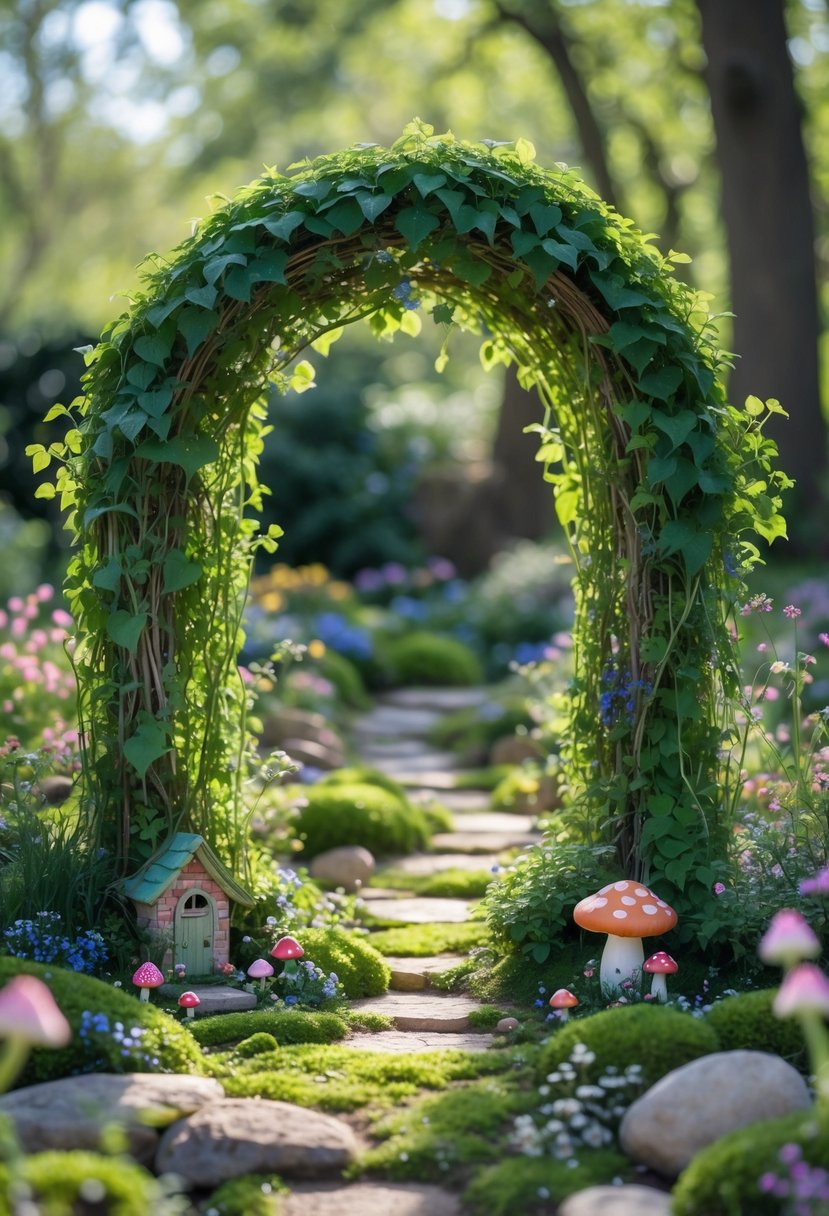 A mini garden archway covered in green vines surrounded by flowers, small fairy garden decorations, and natural greenery.
